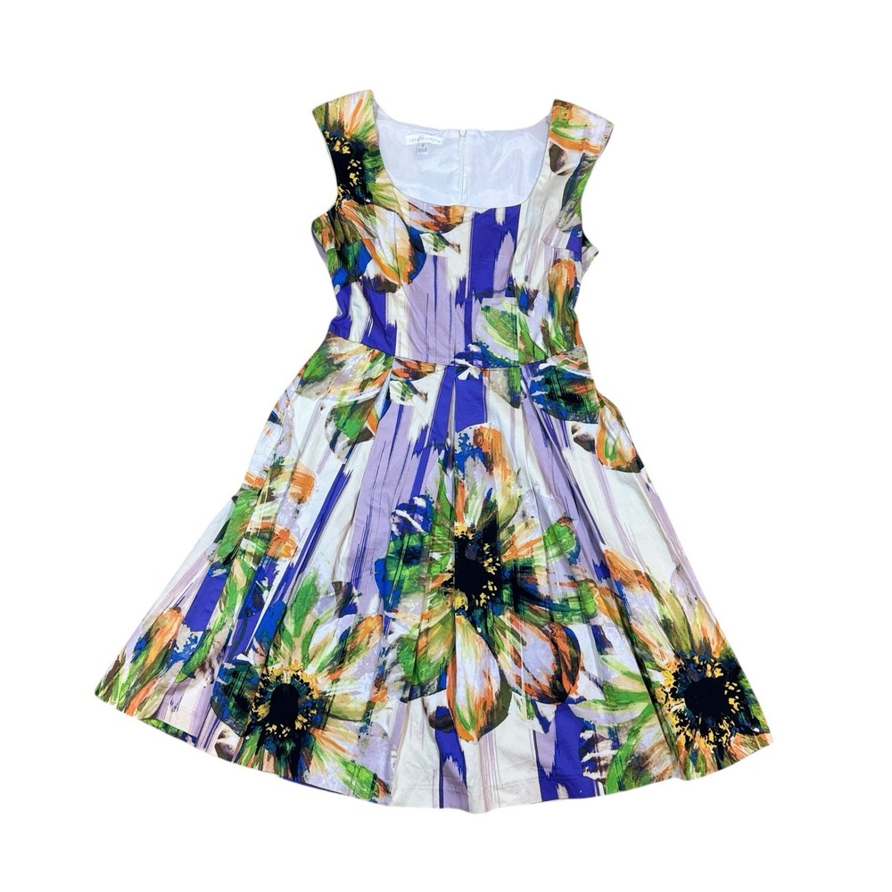 London Times Floral Spring Dress Women 8 Purple Fit Flare Abstract Pleated Retro